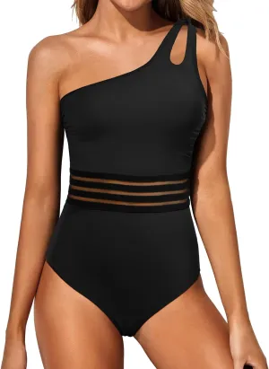 Holipick One Shoulder One Piece Swimsuit for Women Tummy Control Bathing Suits Modest Full Coverage Keyhole Swimwear