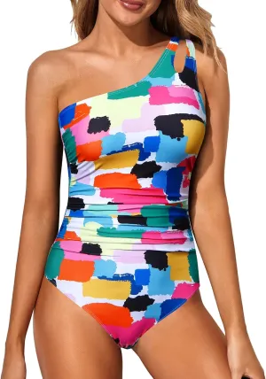 Holipick One Shoulder One Piece Swimsuit for Women Tummy Control Bathing Suits Modest Full Coverage Keyhole Swimwear