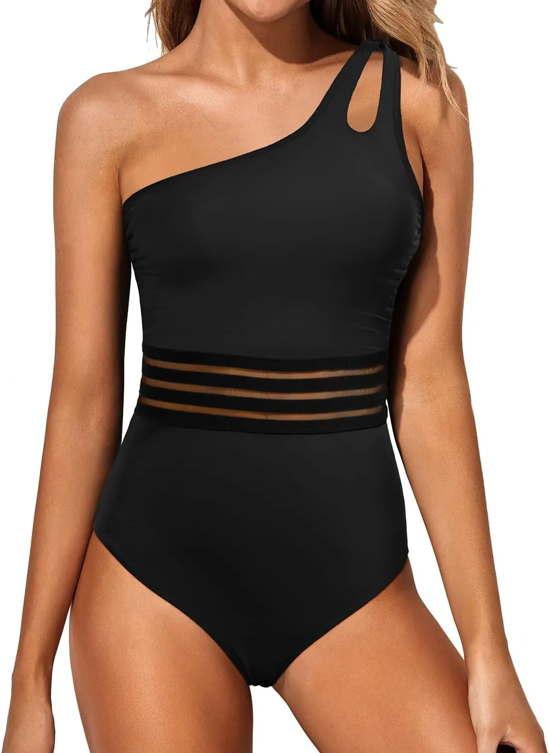 Holipick One Shoulder One Piece Swimsuit for Women Tummy Control Bathing Suits Modest Full Coverage Keyhole Swimwear