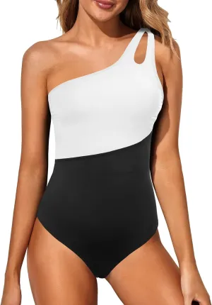 Holipick One Shoulder One Piece Swimsuit for Women Tummy Control Bathing Suits Modest Full Coverage Keyhole Swimwear