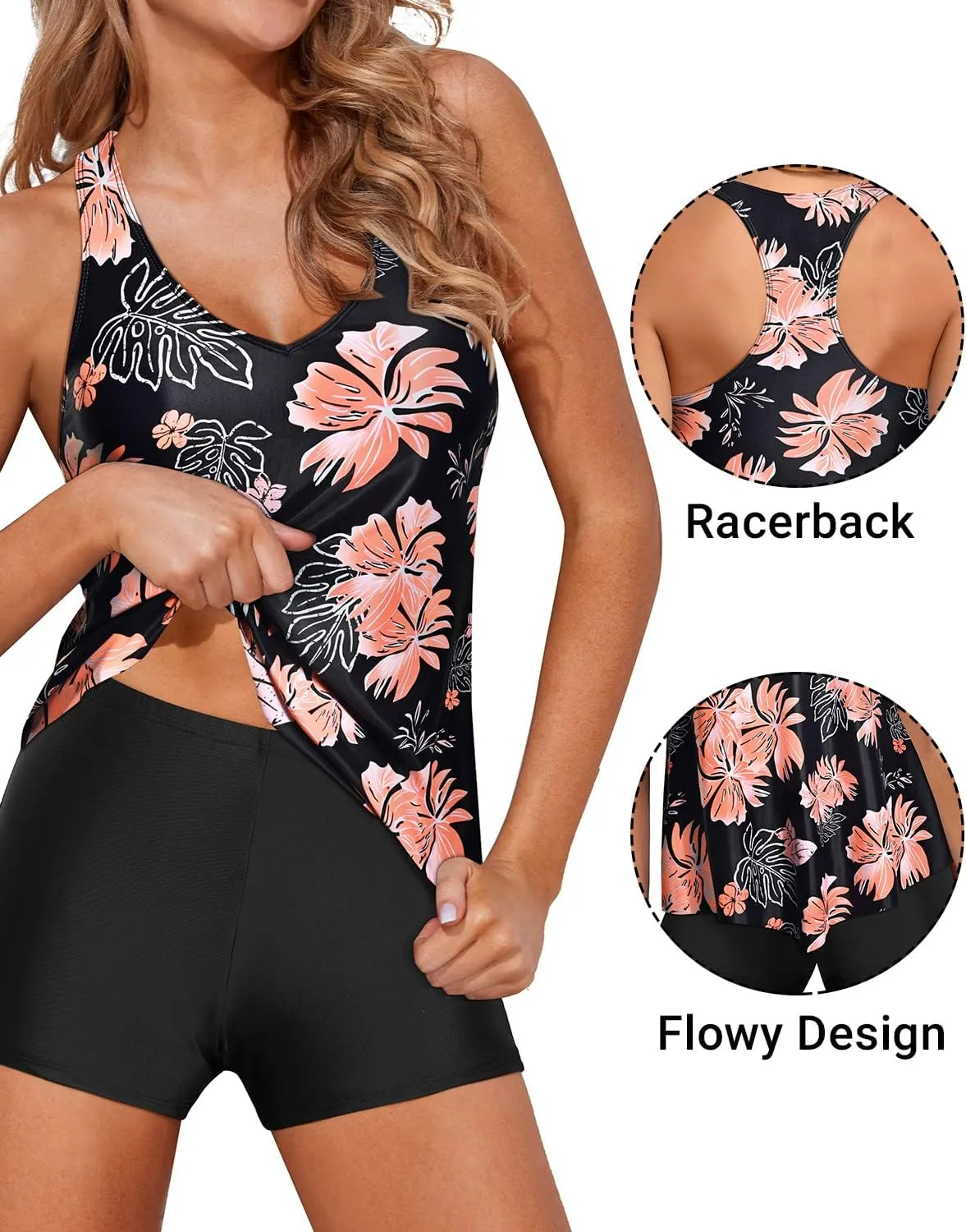 Holipick Two Piece Tankini Swimsuits for Women Tummy Control Bathing Suits Flowy Swim Tank Top with Boy Shorts