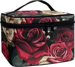 Horeset Rose Flower Print Cosmetic Bag for Women Girls, Portable Bag Makeup Bags Travel Toiletry Bag Accessories Organizer