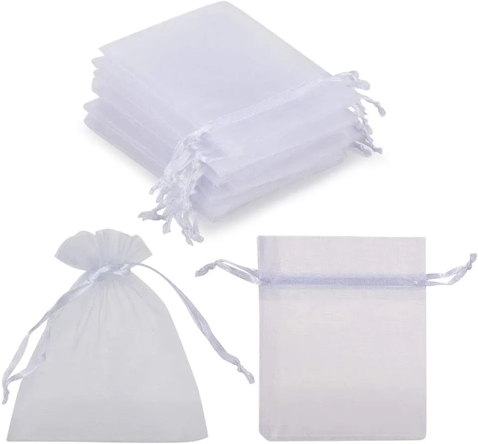 HRX Package 100pcs White Organza Jewelry Bags Drawstring 3 x 4 inch, Little Mesh Gift Pouches Mini Candy Bags for Small Presents Jewelry Earrings