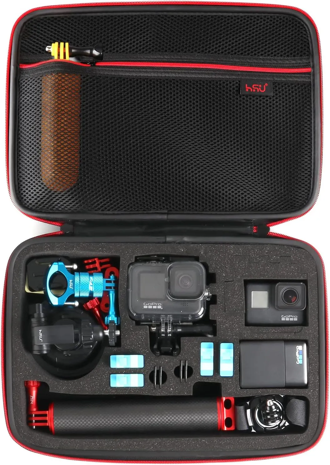 HSU Large Carrying Case for GoPro Hero 13,12,11,10,9, Hero 8,7,6,5,4,3 and Accessories, DJI Osmo Action, AKASO,Campark, YI Action Camera and More (Upgrade Sponge Precut Slots)(Red)