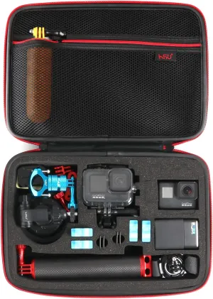 HSU Large Carrying Case for GoPro Hero 13,12,11,10,9, Hero 8,7,6,5,4,3 and Accessories, DJI Osmo Action, AKASO,Campark, YI Action Camera and More (Upgrade Sponge Precut Slots)(Red)