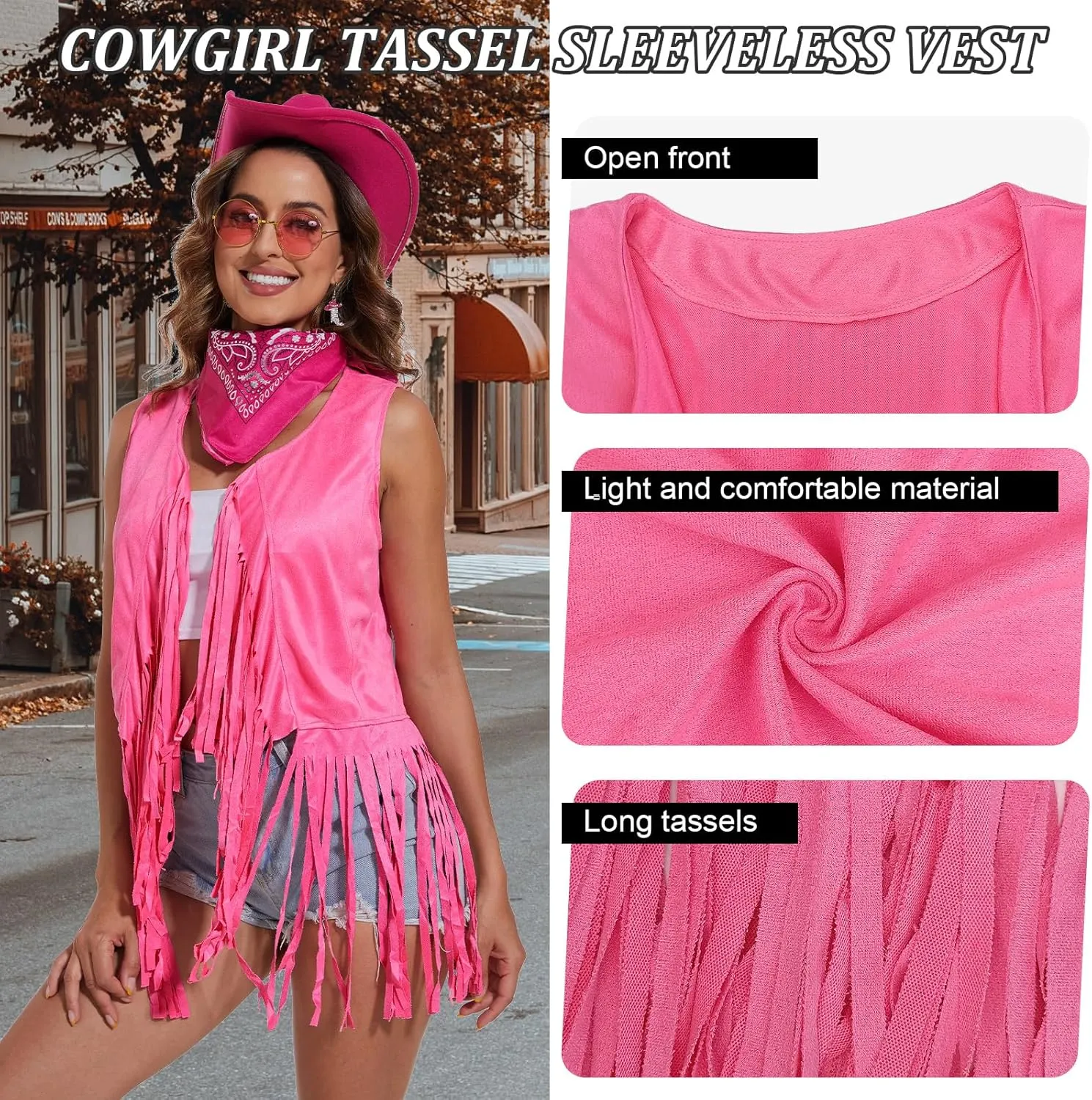 HyperFun Cowgirl Outfits for Women Western Costume Accessories Cowboy Hat Tassels Fringe Vest Earring Hippie Glasses Bandana