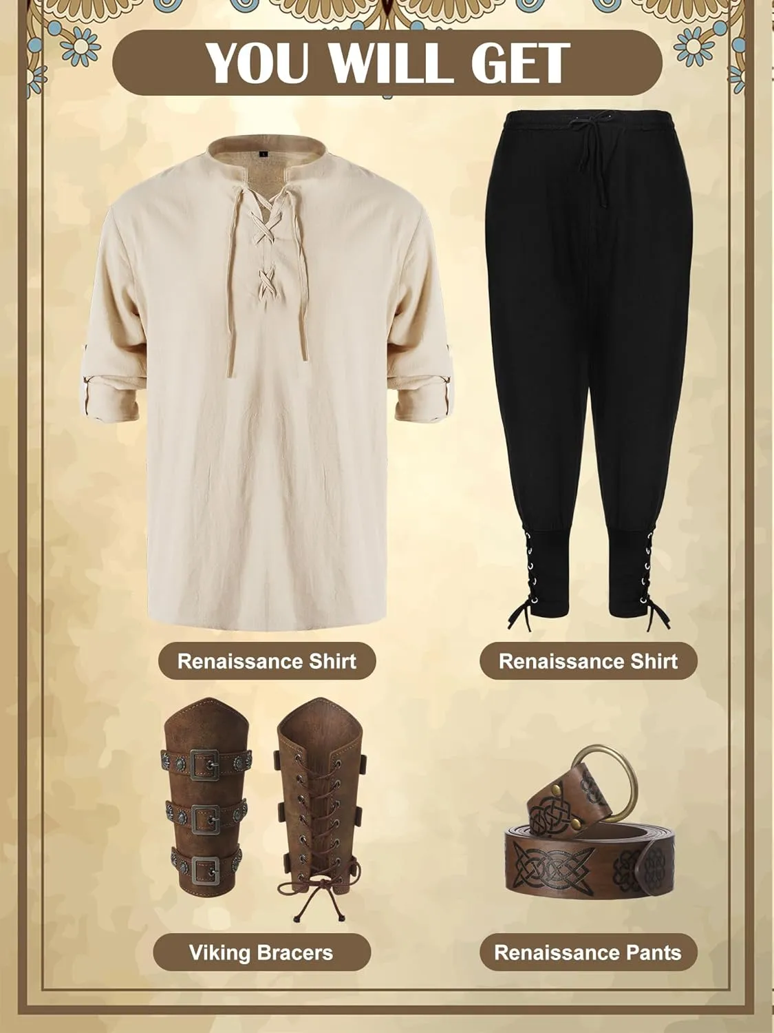 Jiuguva 4 Pcs Halloween Men's Renaissance Costume Set Medieval Pirate Shirt Ankle Banded Pants Viking Belt Accessories