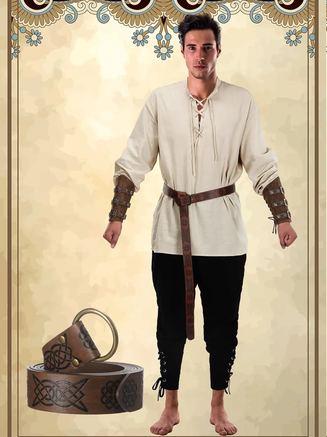 Jiuguva 4 Pcs Halloween Men's Renaissance Costume Set Medieval Pirate Shirt Ankle Banded Pants Viking Belt Accessories