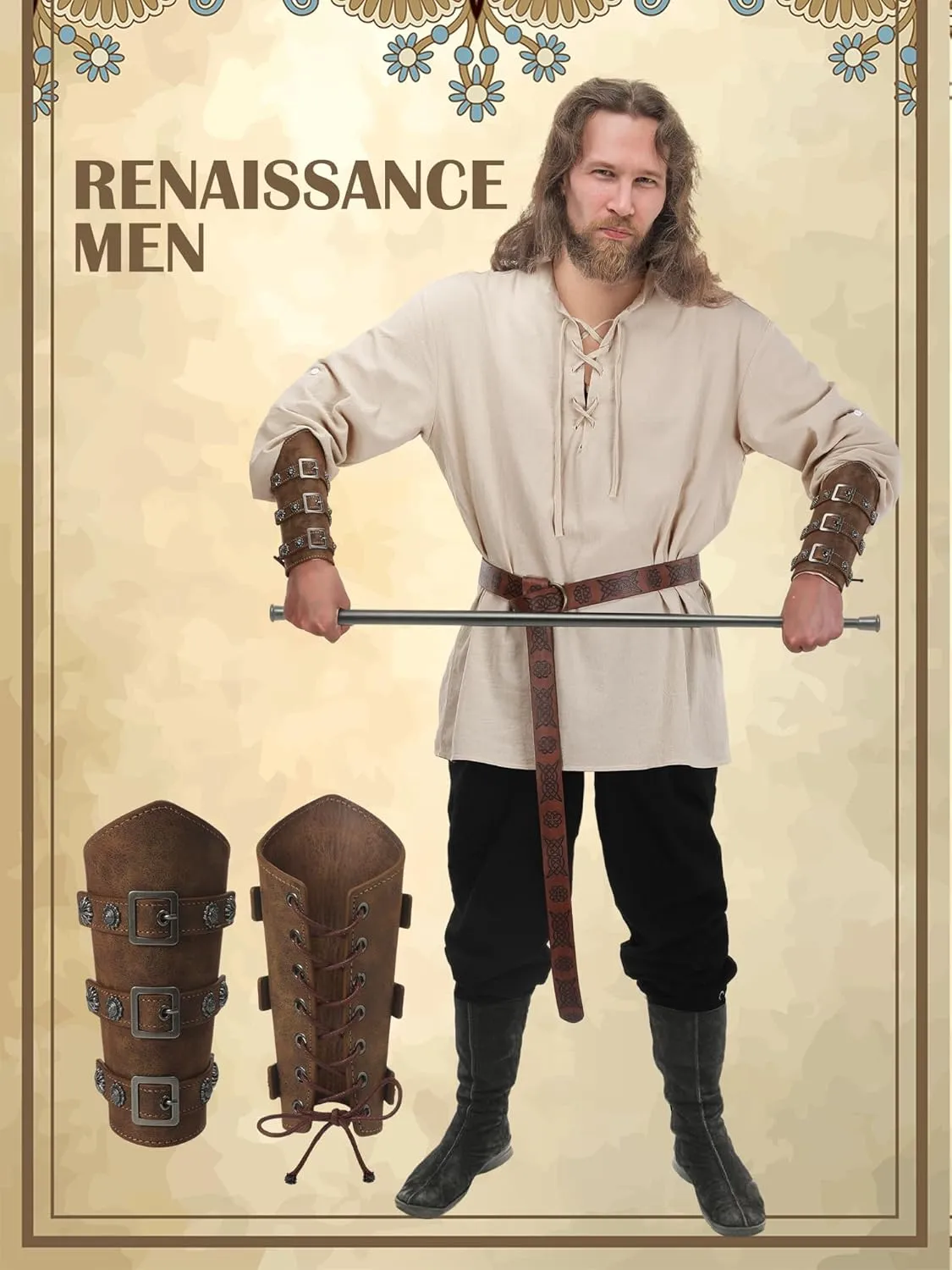 Jiuguva 4 Pcs Halloween Men's Renaissance Costume Set Medieval Pirate Shirt Ankle Banded Pants Viking Belt Accessories