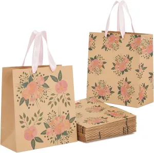 Juvale 24 Pack Kraft Paper Floral Gift Bags with Pink Ribbon Handles - 2 Designs, For Themed Party Favors, Mother's Day, Weddings, Birthdays - 8x4x9 Inches Gift Bags With Handles