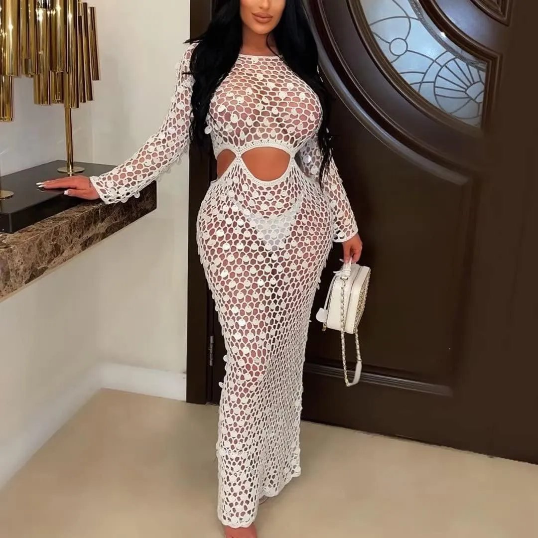 Kafiloe Women Sexy Long Sleeve Sequin Crochet Maxi Dress Beach Cover Ups Hollow Out Swimwear Bikini Cover Up Dress