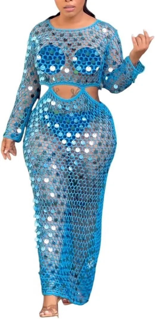 Kafiloe Women Sexy Long Sleeve Sequin Crochet Maxi Dress Beach Cover Ups Hollow Out Swimwear Bikini Cover Up Dress