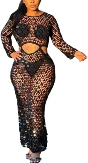Kafiloe Women Sexy Long Sleeve Sequin Crochet Maxi Dress Beach Cover Ups Hollow Out Swimwear Bikini Cover Up Dress