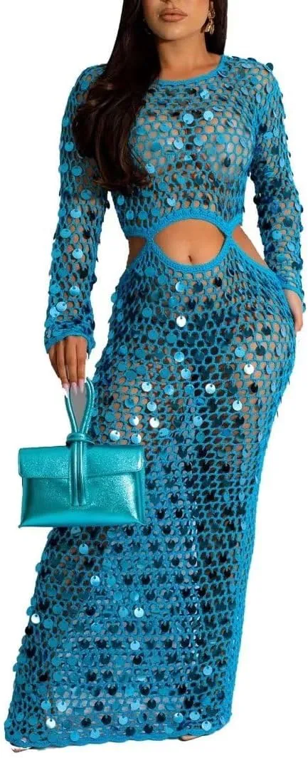 Kafiloe Women Sexy Long Sleeve Sequin Crochet Maxi Dress Beach Cover Ups Hollow Out Swimwear Bikini Cover Up Dress