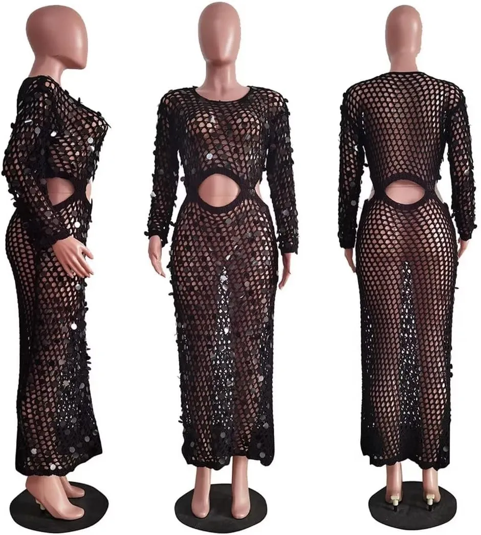 Kafiloe Women Sexy Long Sleeve Sequin Crochet Maxi Dress Beach Cover Ups Hollow Out Swimwear Bikini Cover Up Dress