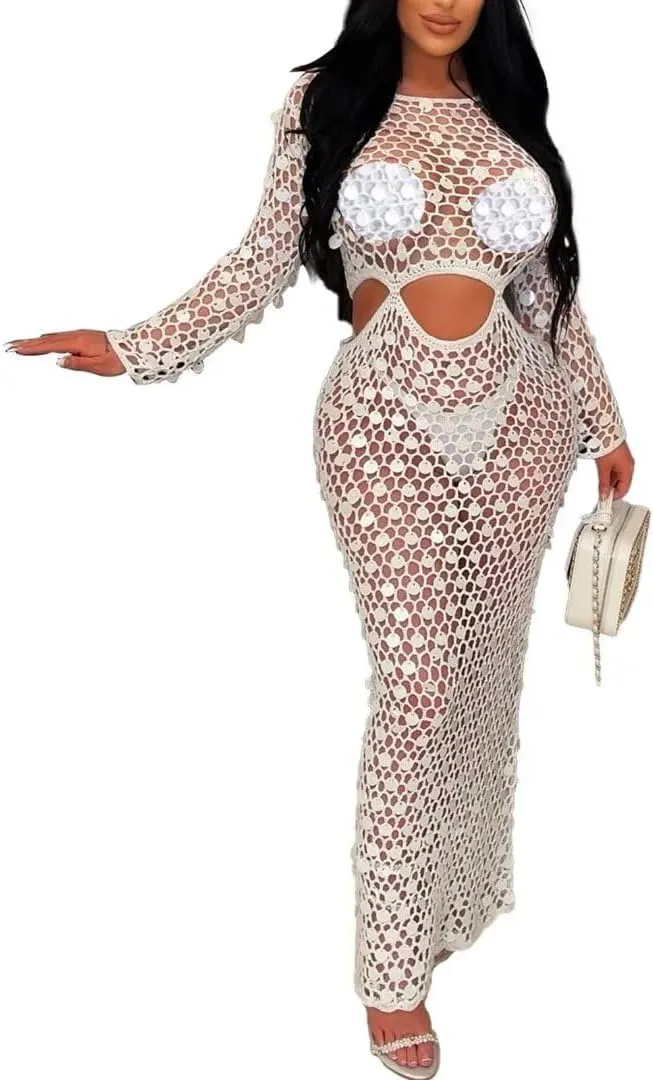 Kafiloe Women Sexy Long Sleeve Sequin Crochet Maxi Dress Beach Cover Ups Hollow Out Swimwear Bikini Cover Up Dress