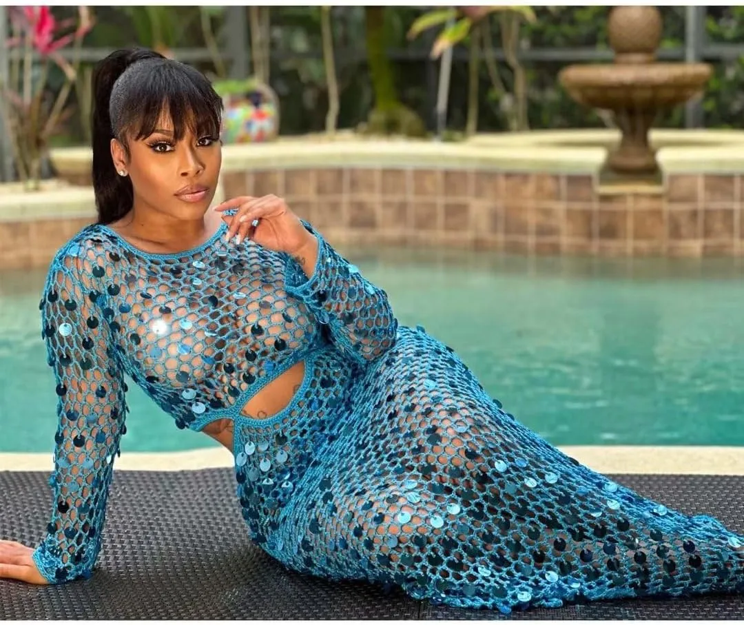Kafiloe Women Sexy Long Sleeve Sequin Crochet Maxi Dress Beach Cover Ups Hollow Out Swimwear Bikini Cover Up Dress