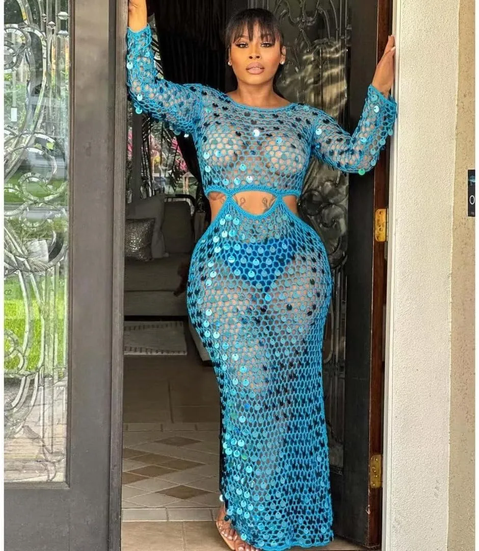 Kafiloe Women Sexy Long Sleeve Sequin Crochet Maxi Dress Beach Cover Ups Hollow Out Swimwear Bikini Cover Up Dress