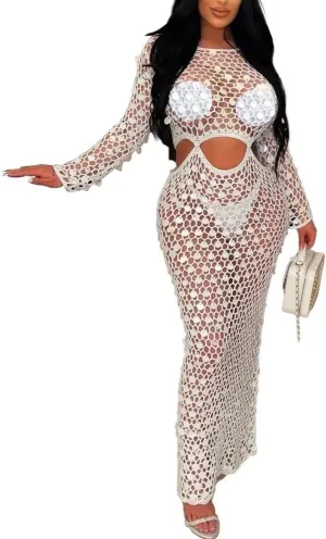 Kafiloe Women Sexy Long Sleeve Sequin Crochet Maxi Dress Beach Cover Ups Hollow Out Swimwear Bikini Cover Up Dress