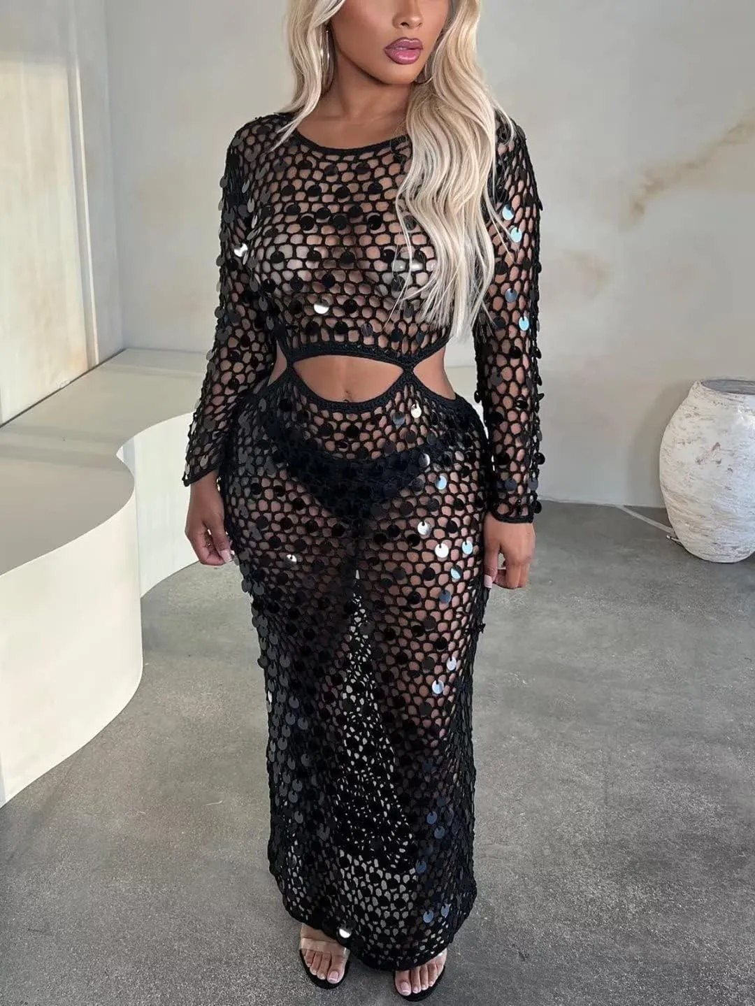 Kafiloe Women Sexy Long Sleeve Sequin Crochet Maxi Dress Beach Cover Ups Hollow Out Swimwear Bikini Cover Up Dress