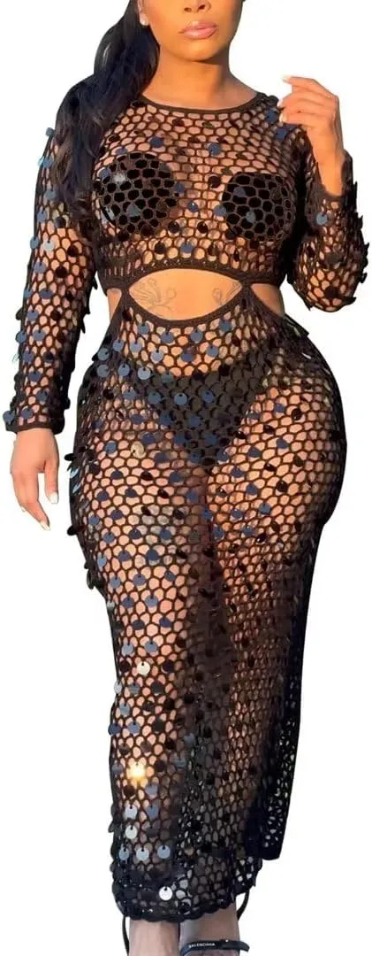 Kafiloe Women Sexy Long Sleeve Sequin Crochet Maxi Dress Beach Cover Ups Hollow Out Swimwear Bikini Cover Up Dress