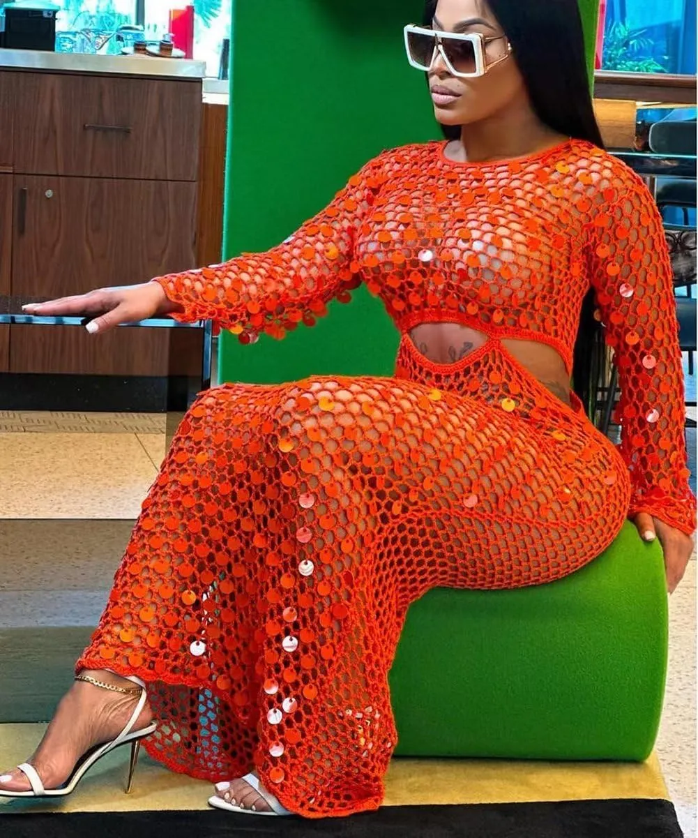 Kafiloe Women Sexy Long Sleeve Sequin Crochet Maxi Dress Beach Cover Ups Hollow Out Swimwear Bikini Cover Up Dress