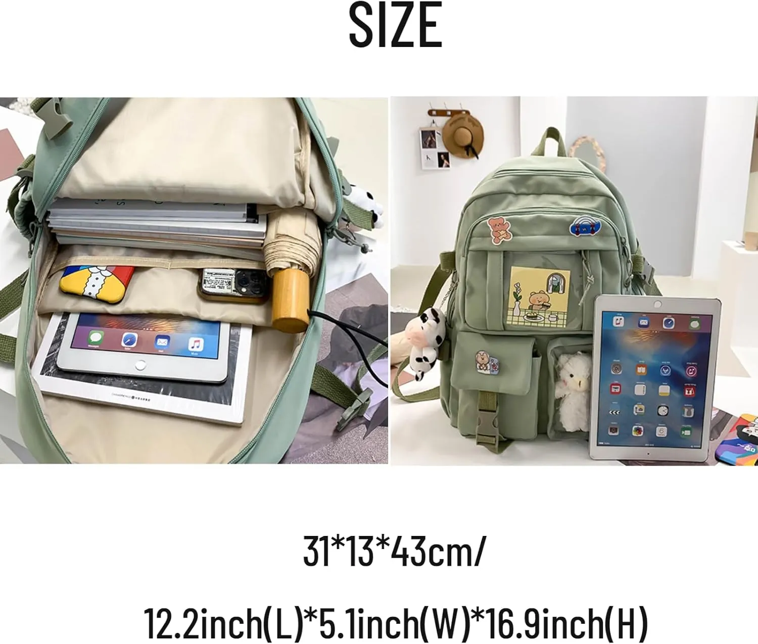 Kawaii Backpack with Cute Accessories Pin Pendant Travel Laptop Bag Large Outdoor Waterproof Casual Daypack Women (Blue)