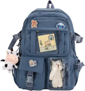 Kawaii Backpack with Cute Accessories Pin Pendant Travel Laptop Bag Large Outdoor Waterproof Casual Daypack Women (Blue)