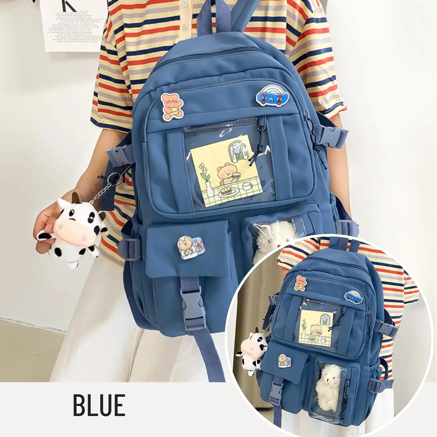 Kawaii Backpack with Cute Accessories Pin Pendant Travel Laptop Bag Large Outdoor Waterproof Casual Daypack Women (Blue)
