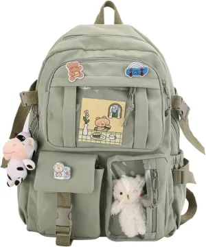 Kawaii Backpack with Cute Accessories Pin Pendant Travel Laptop Bag Large Outdoor Waterproof Casual Daypack Women (Green)