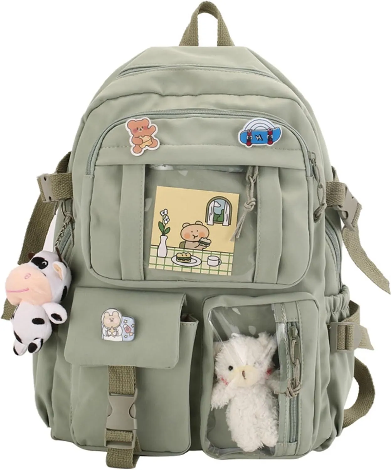 Kawaii Backpack with Cute Accessories Pin Pendant Travel Laptop Bag Large Outdoor Waterproof Casual Daypack Women (Green)