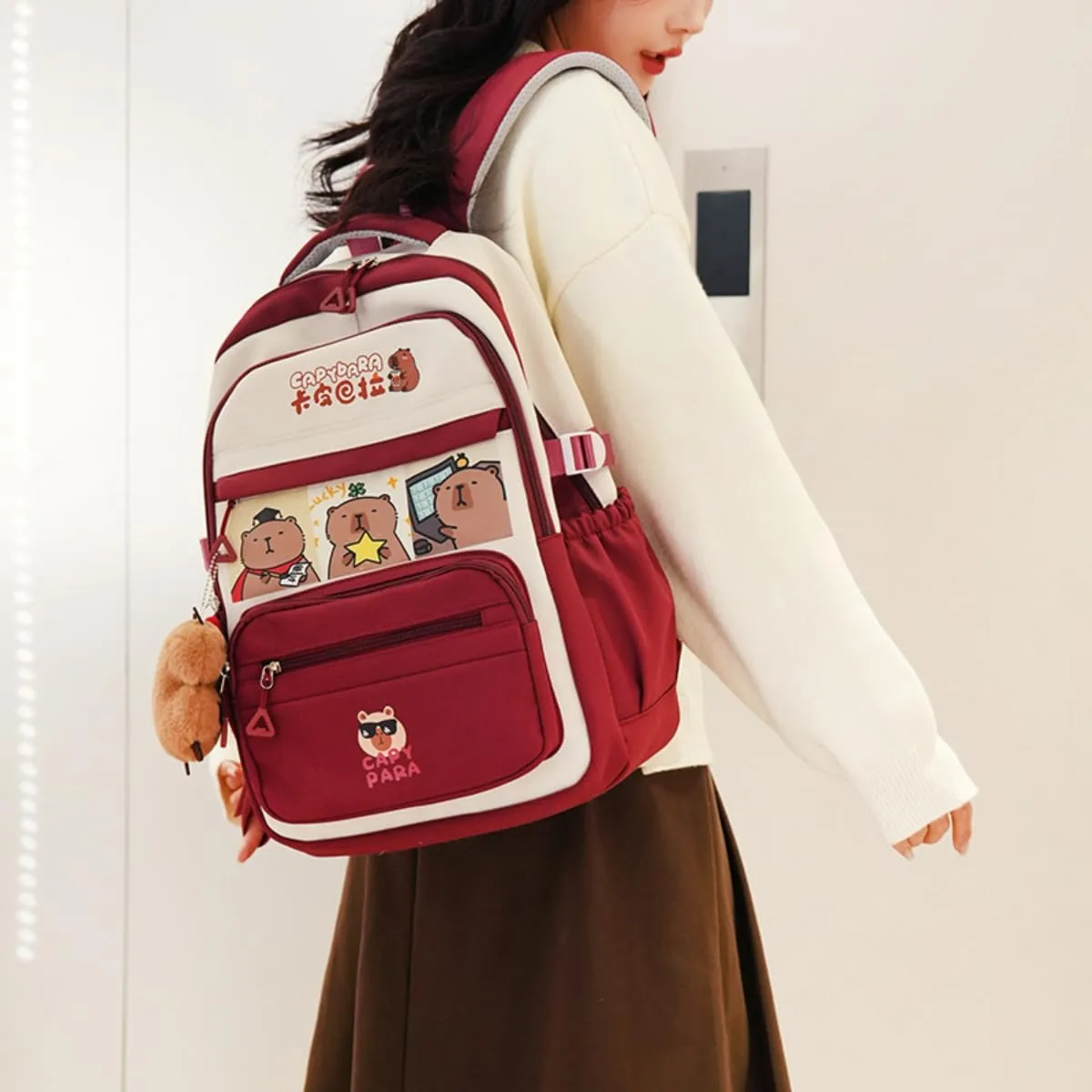 Kawaii Capybara Large Capacity Pink Backpack for Women Waterproof Laptop Casual Daypack with Accessories for Travel (Brown)