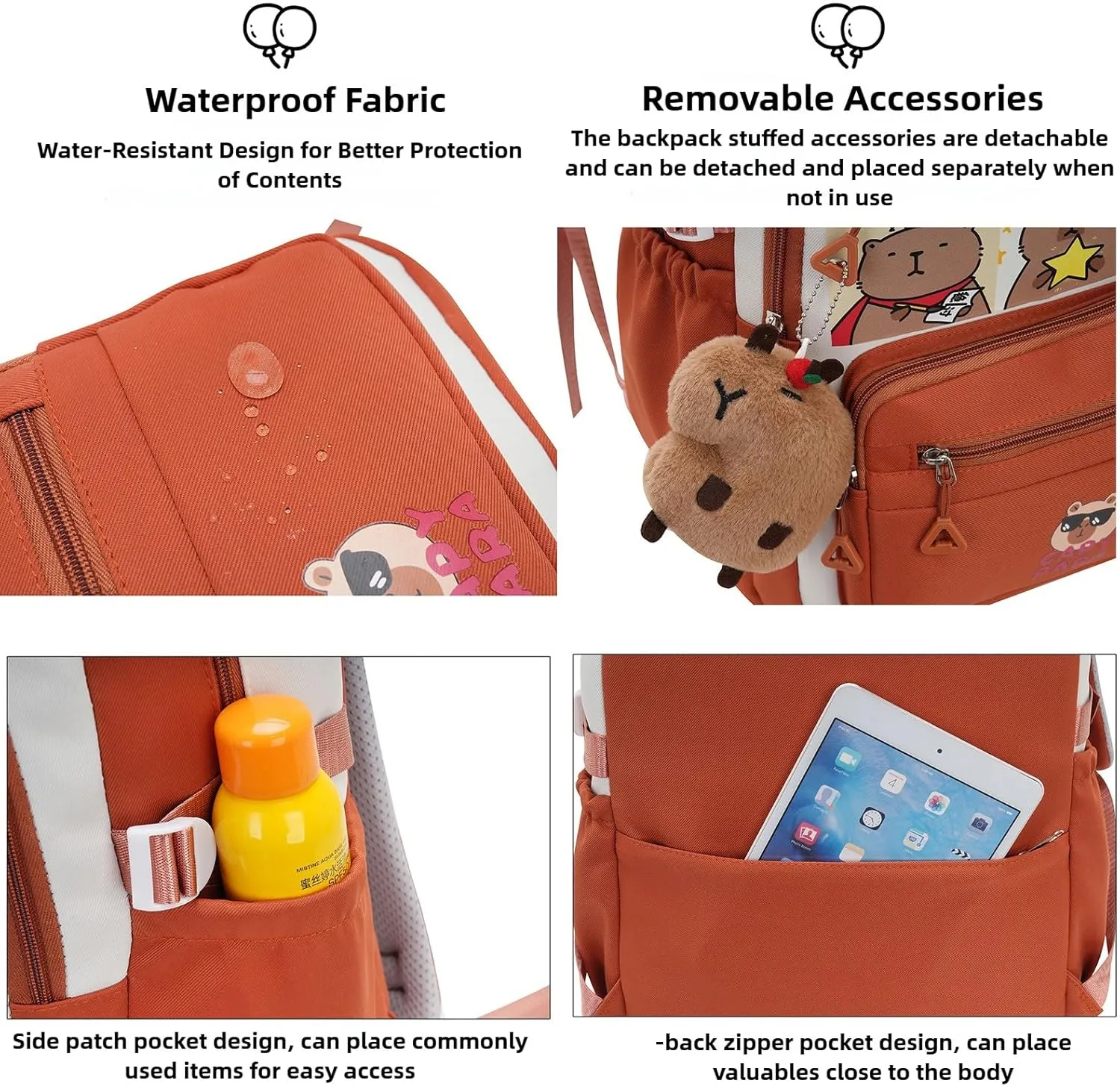 Kawaii Capybara Large Capacity Pink Backpack for Women Waterproof Laptop Casual Daypack with Accessories for Travel (Brown)
