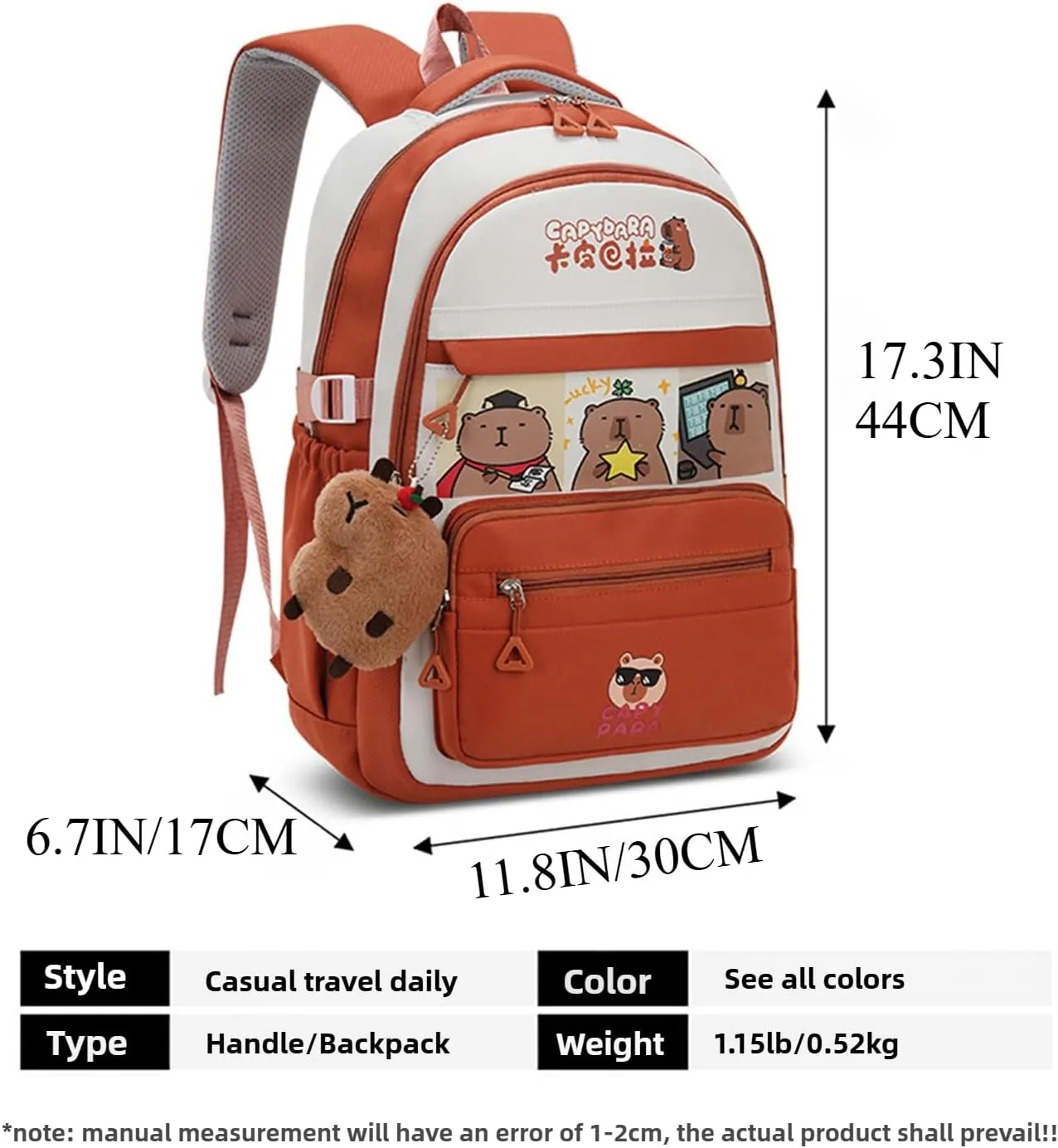 Kawaii Capybara Large Capacity Pink Backpack for Women Waterproof Laptop Casual Daypack with Accessories for Travel (Brown)