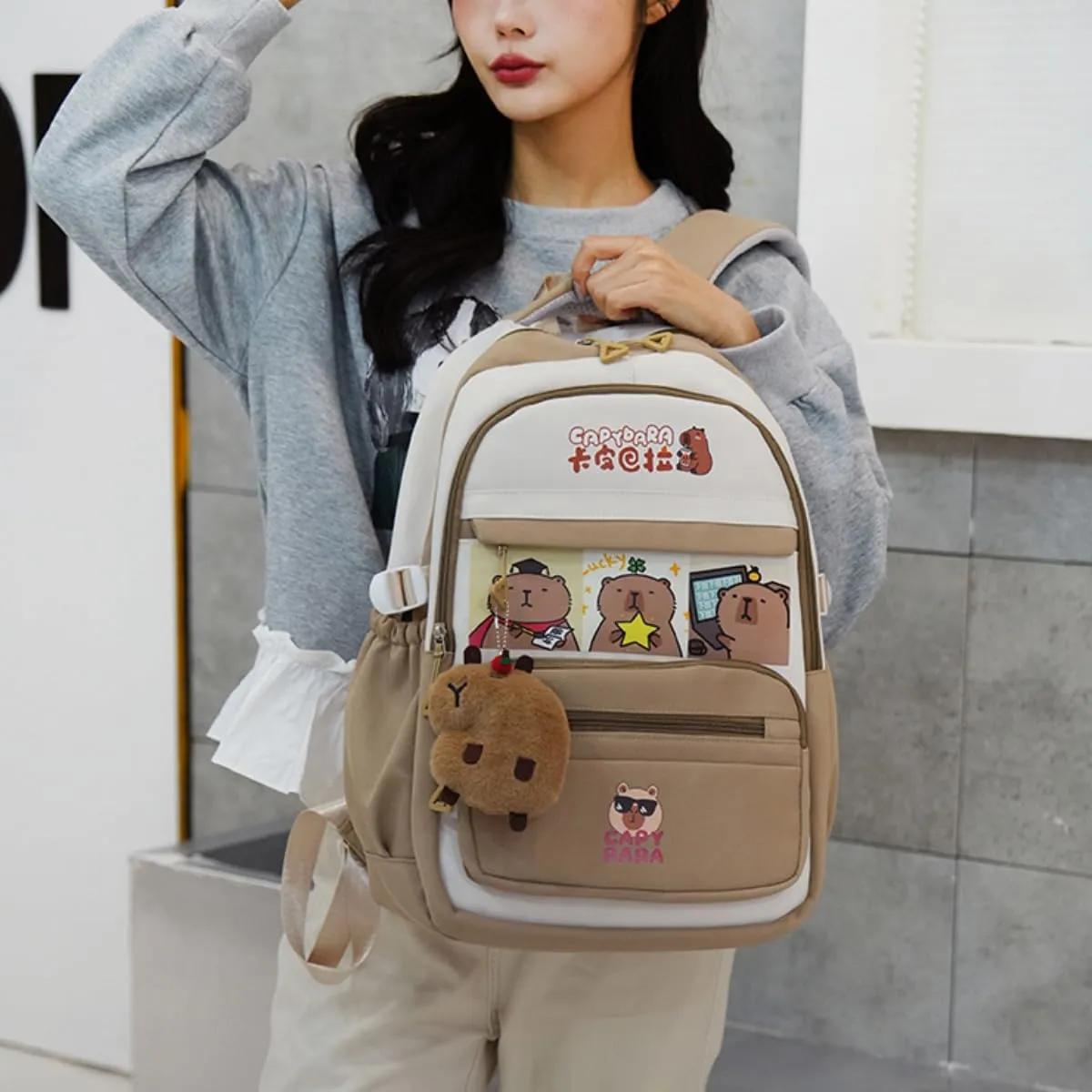 Kawaii Capybara Large Capacity Pink Backpack for Women Waterproof Laptop Casual Daypack with Accessories for Travel (Brown)