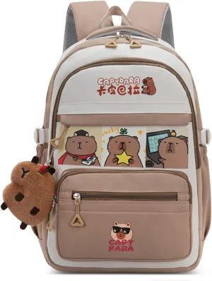 Kawaii Capybara Large Capacity Pink Backpack for Women Waterproof Laptop Casual Daypack with Accessories for Travel (Brown)