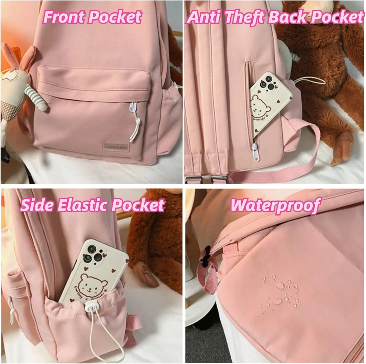 Kawaii Cute Aesthetic School Laptop Backpack with Accessories Plush Pendant for Teen Girls (Black, without Mr. Rabbit)