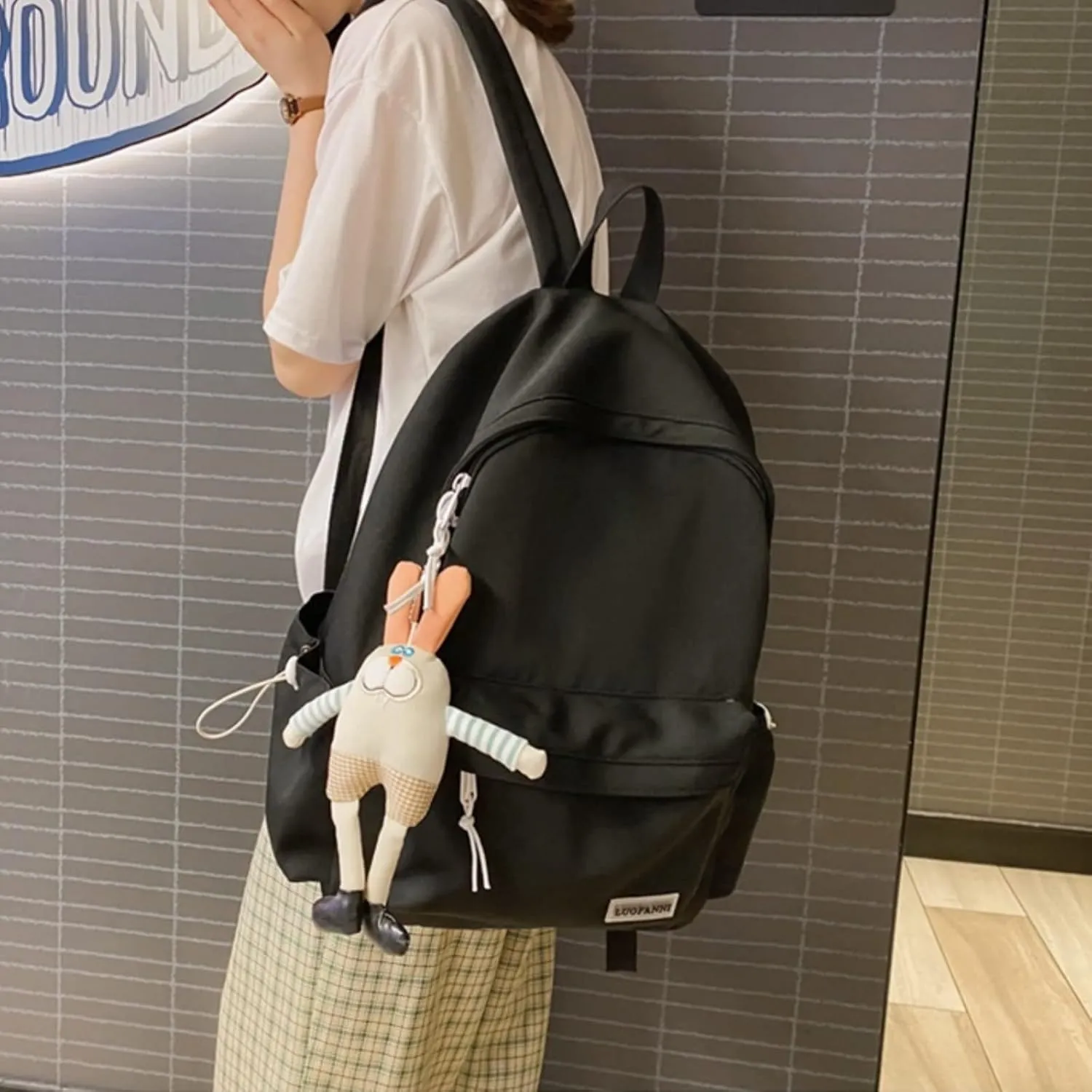 Kawaii Cute Aesthetic School Laptop Backpack with Accessories Plush Pendant for Teen Girls (Black, without Mr. Rabbit)