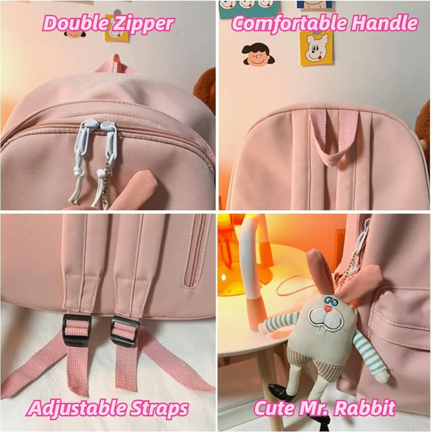 Kawaii Cute Aesthetic School Laptop Backpack with Accessories Plush Pendant for Teen Girls (Black, without Mr. Rabbit)