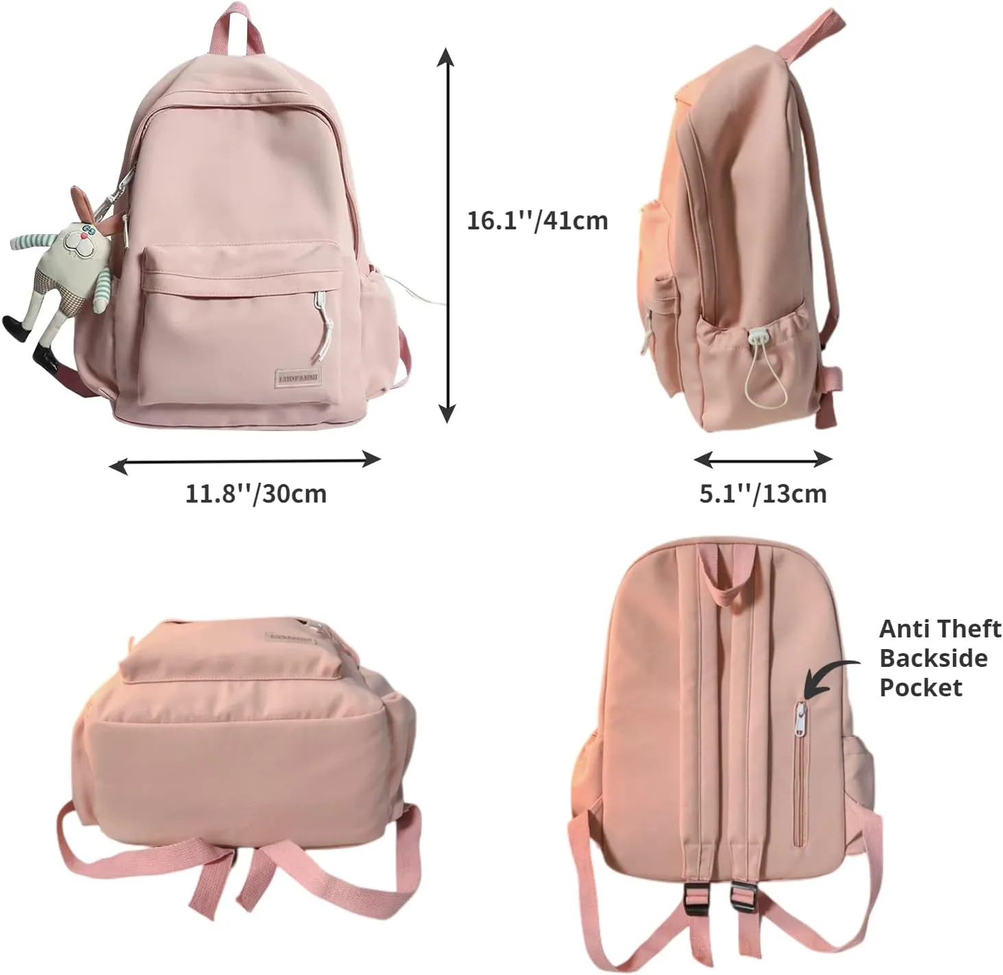 Kawaii Cute Aesthetic School Laptop Backpack with Accessories Plush Pendant for Teen Girls (Black, without Mr. Rabbit)