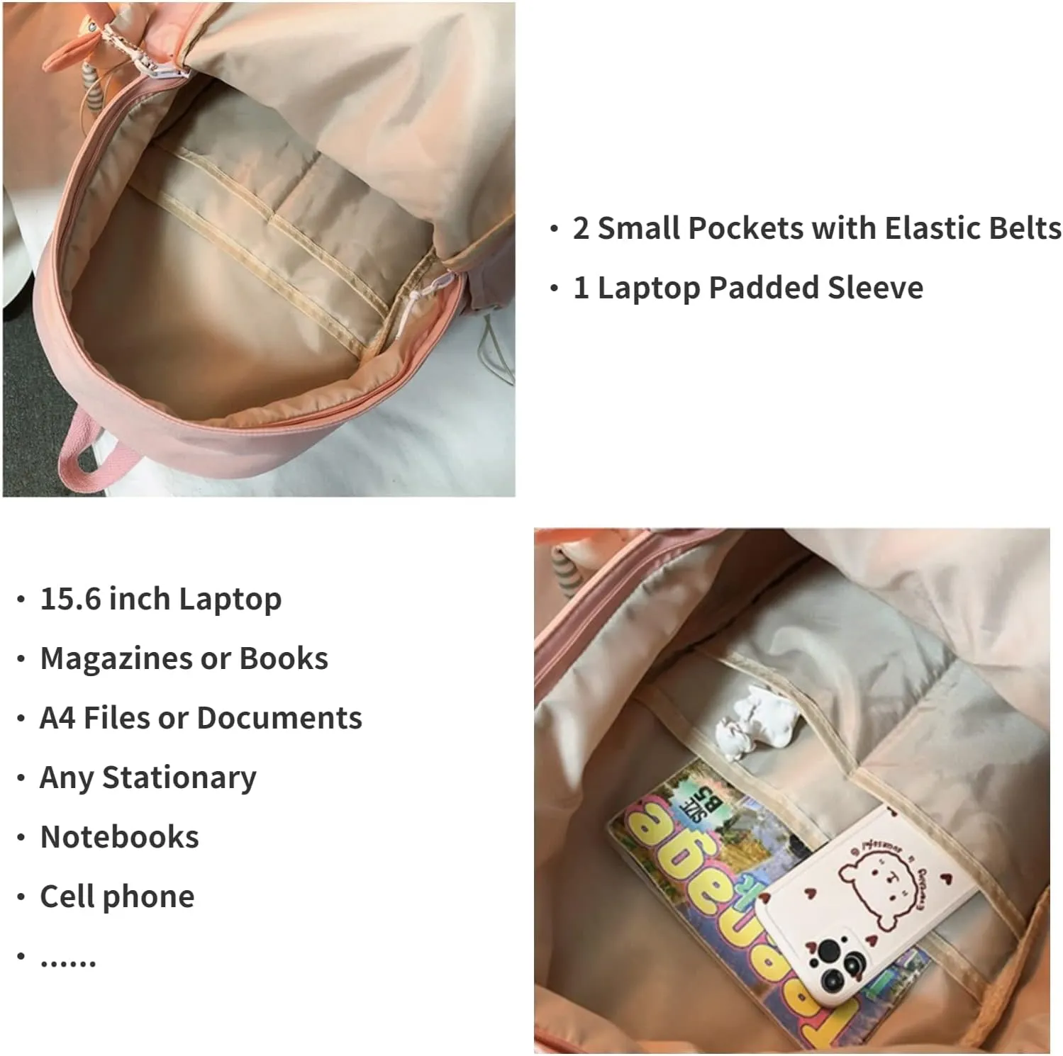 Kawaii Cute Aesthetic School Laptop Backpack with Accessories Plush Pendant for Teen Girls (Black, without Mr. Rabbit)