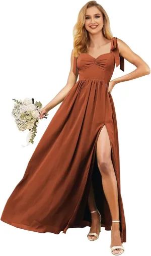 KDTM Tie-Strap Long Bridesmaid Dresses for Women A Line Chiffon Corest Formal Dress with Slit KD004