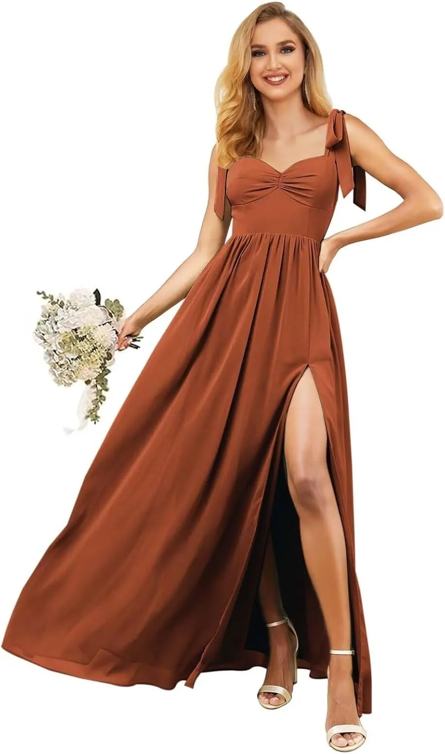 KDTM Tie-Strap Long Bridesmaid Dresses for Women A Line Chiffon Corest Formal Dress with Slit KD004