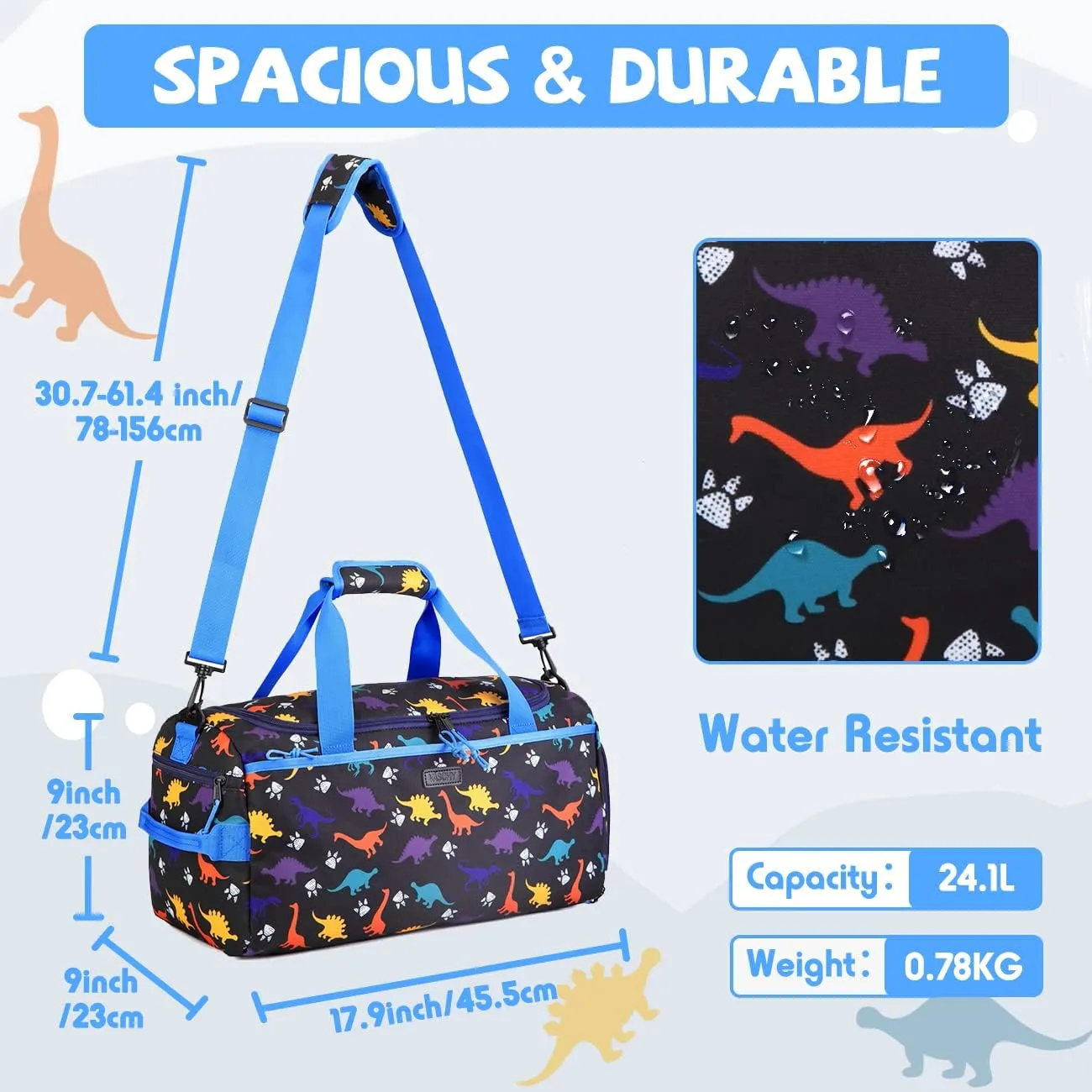 Kids Duffle Bag,VASCHY Travel Bag for Boys Water Resistant Overnight Duffle Gym Sport Dance Bags with Shoes Compartment Dry and Wet Pocket Carry On Weekender Bag Blue Dinosaur