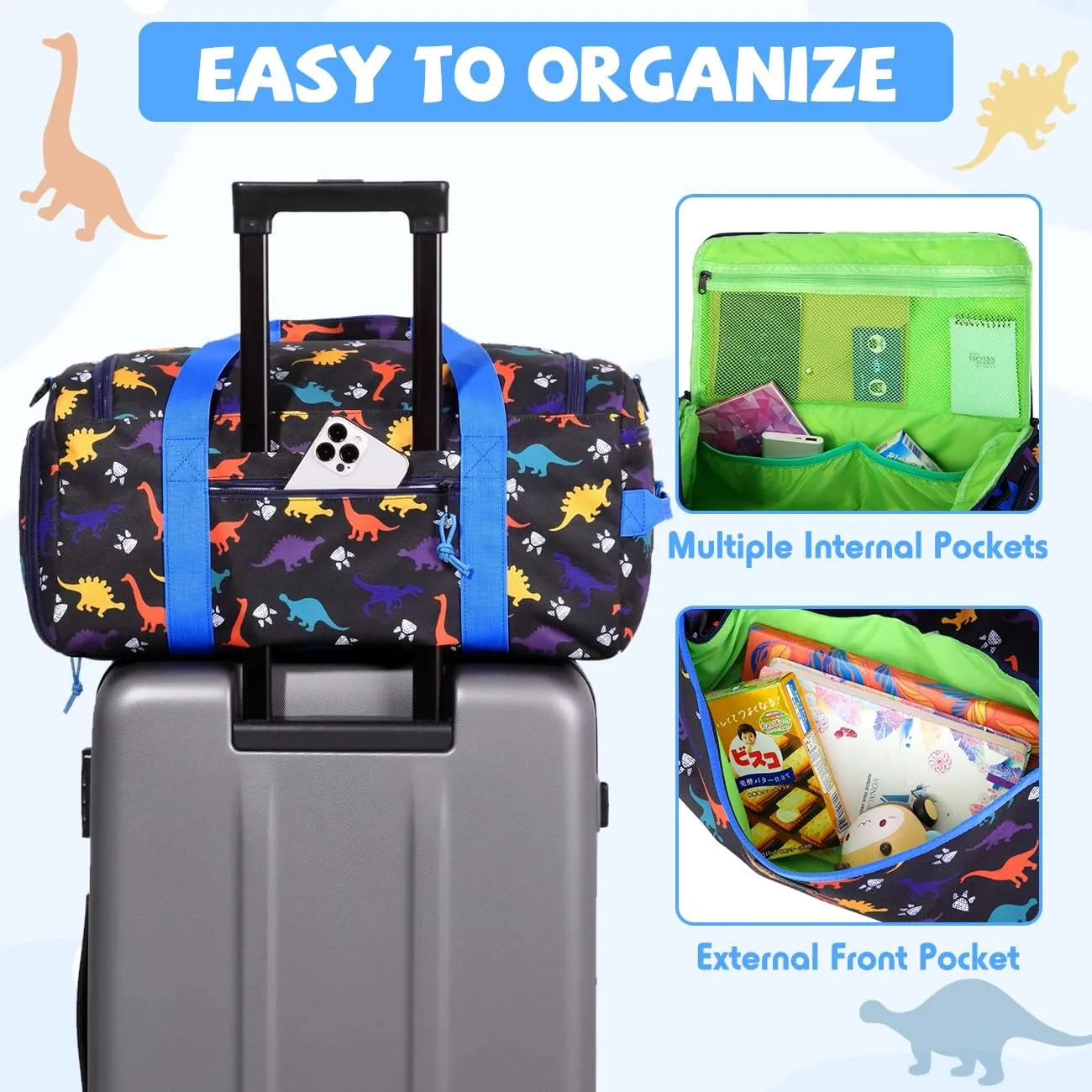Kids Duffle Bag,VASCHY Travel Bag for Boys Water Resistant Overnight Duffle Gym Sport Dance Bags with Shoes Compartment Dry and Wet Pocket Carry On Weekender Bag Blue Dinosaur