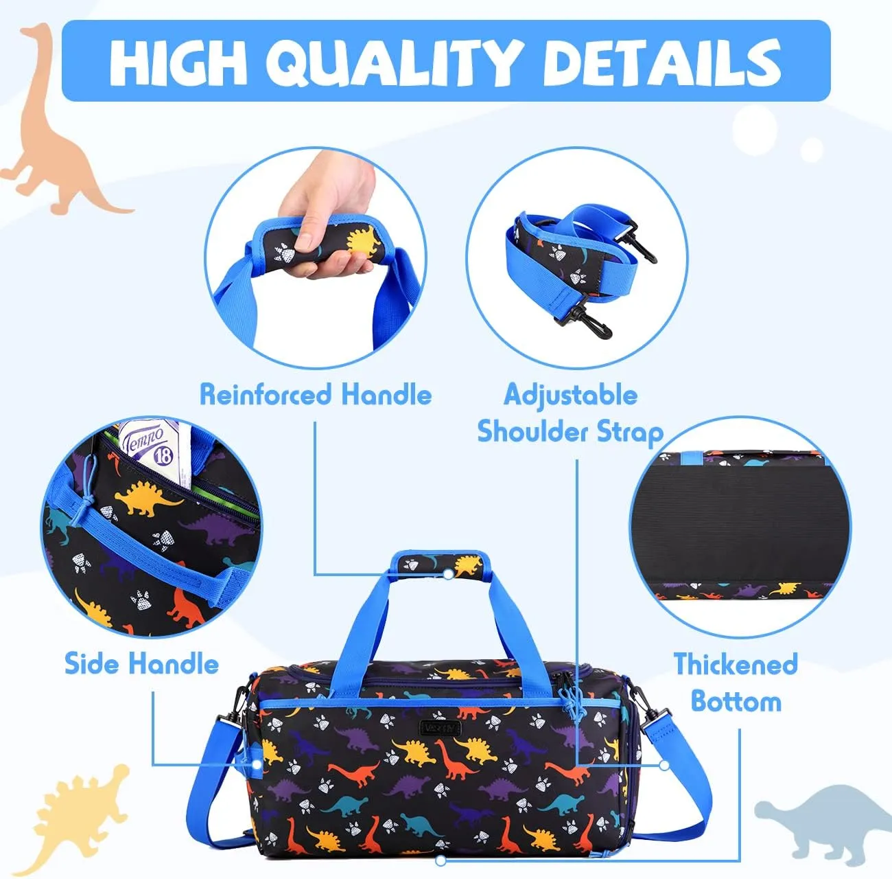Kids Duffle Bag,VASCHY Travel Bag for Boys Water Resistant Overnight Duffle Gym Sport Dance Bags with Shoes Compartment Dry and Wet Pocket Carry On Weekender Bag Blue Dinosaur