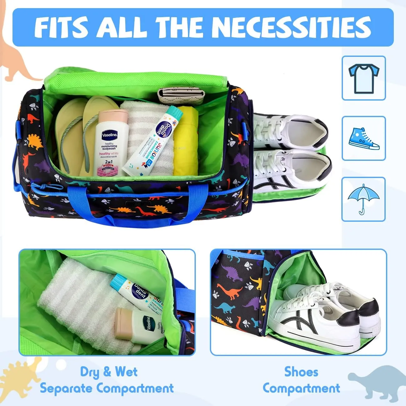 Kids Duffle Bag,VASCHY Travel Bag for Boys Water Resistant Overnight Duffle Gym Sport Dance Bags with Shoes Compartment Dry and Wet Pocket Carry On Weekender Bag Blue Dinosaur