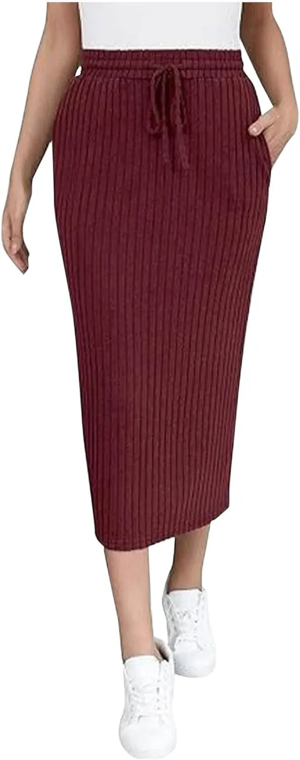 Knit Work Skirt for Women Summer Breathable Stretchy Drawstring Casual Midi High Waisted Bodycon Skirt Outfit
