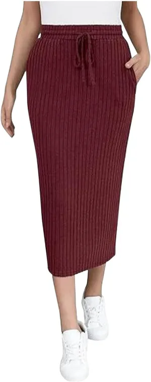Knit Work Skirt for Women Summer Breathable Stretchy Drawstring Casual Midi High Waisted Bodycon Skirt Outfit