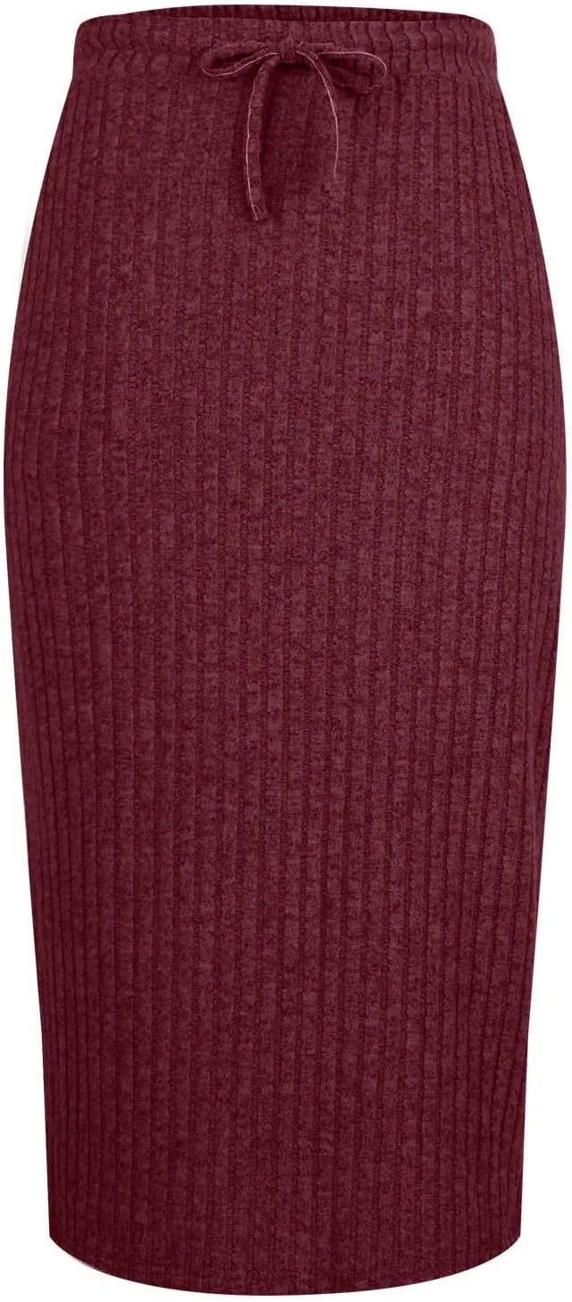 Knit Work Skirt for Women Summer Breathable Stretchy Drawstring Casual Midi High Waisted Bodycon Skirt Outfit